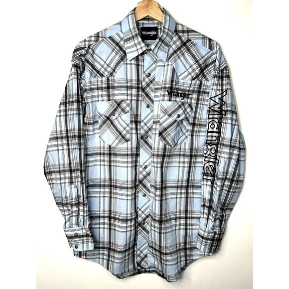 Wrangler Mens Shirt Western Cowboy Pearl Snap Embroidered Spell Out Button Up M - Picture 1 of 13